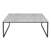 White marble tabletop with gray veining, framed in sleek black metal legs. Modern, minimalist design.