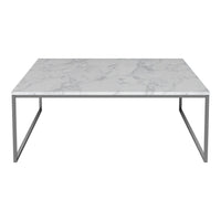 White marble coffee table with grey veining and a sleek silver metal frame. Modern design for stylish interiors.