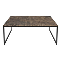 Rectangular coffee table with a dark marble pattern top and sleek black metal legs, perfect for modern decor.