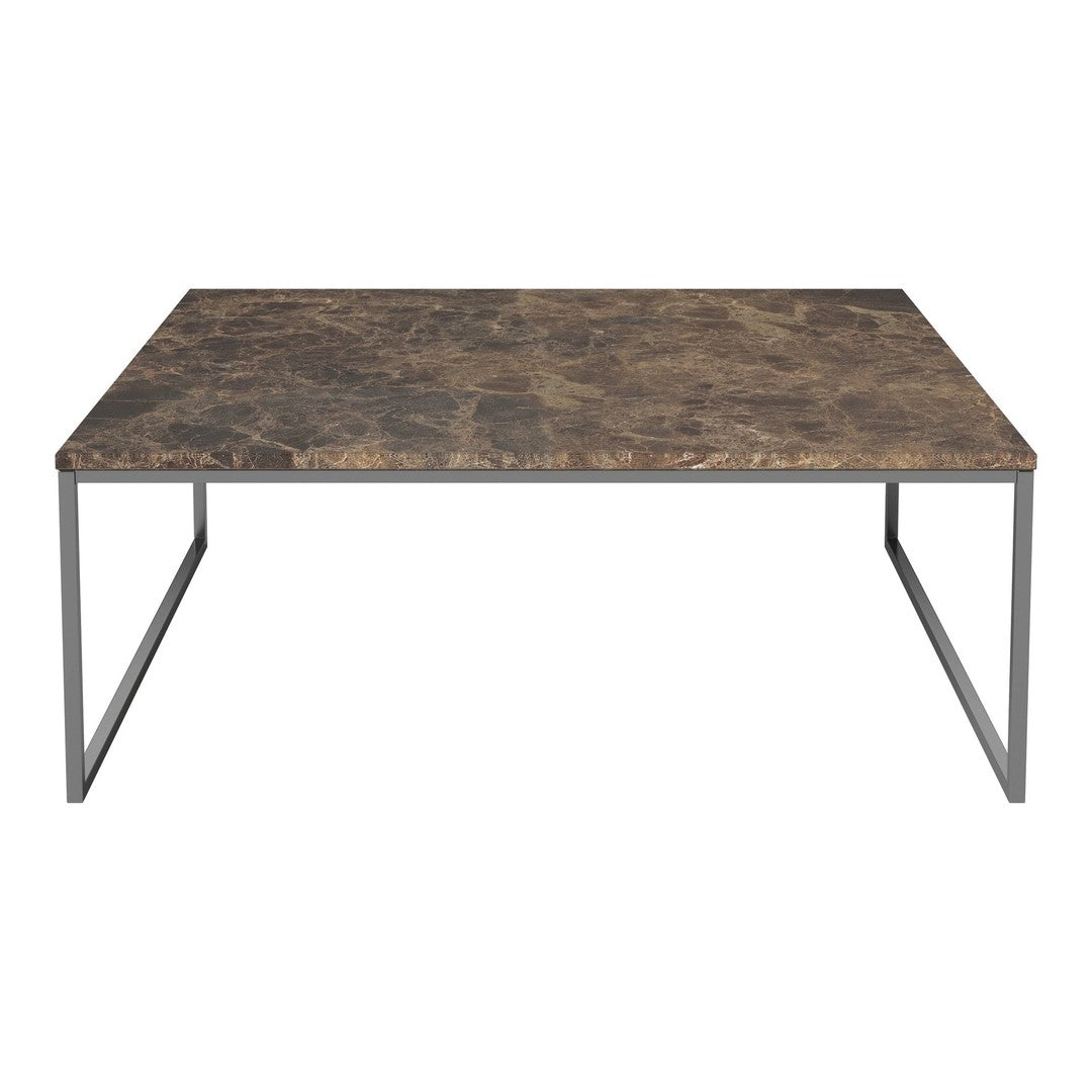 "Rectangular coffee table with a dark, marbled surface and sleek metal frame in gray."
