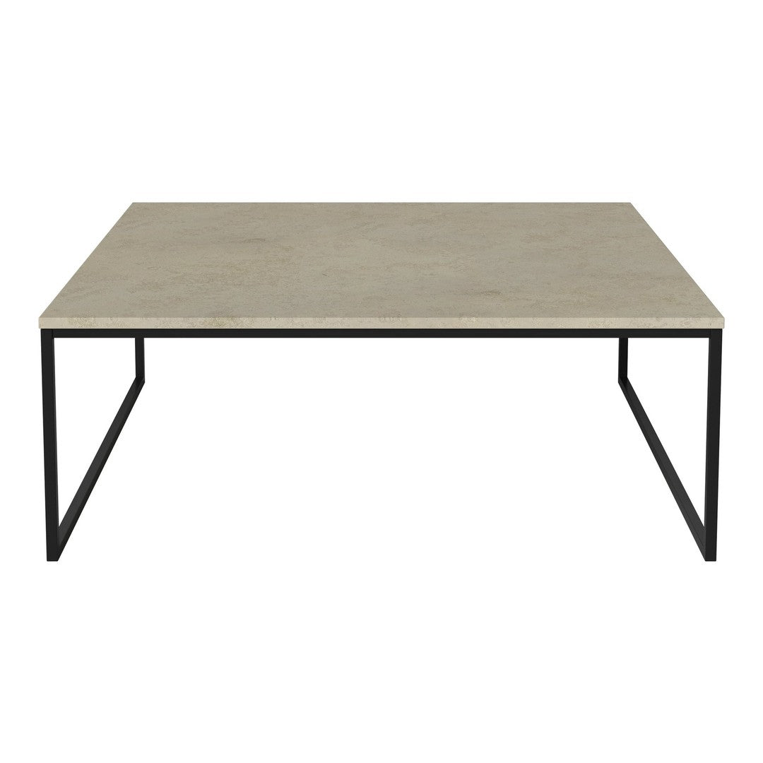 Modern coffee table with a sleek gray concrete top and minimalist black metal frame.
