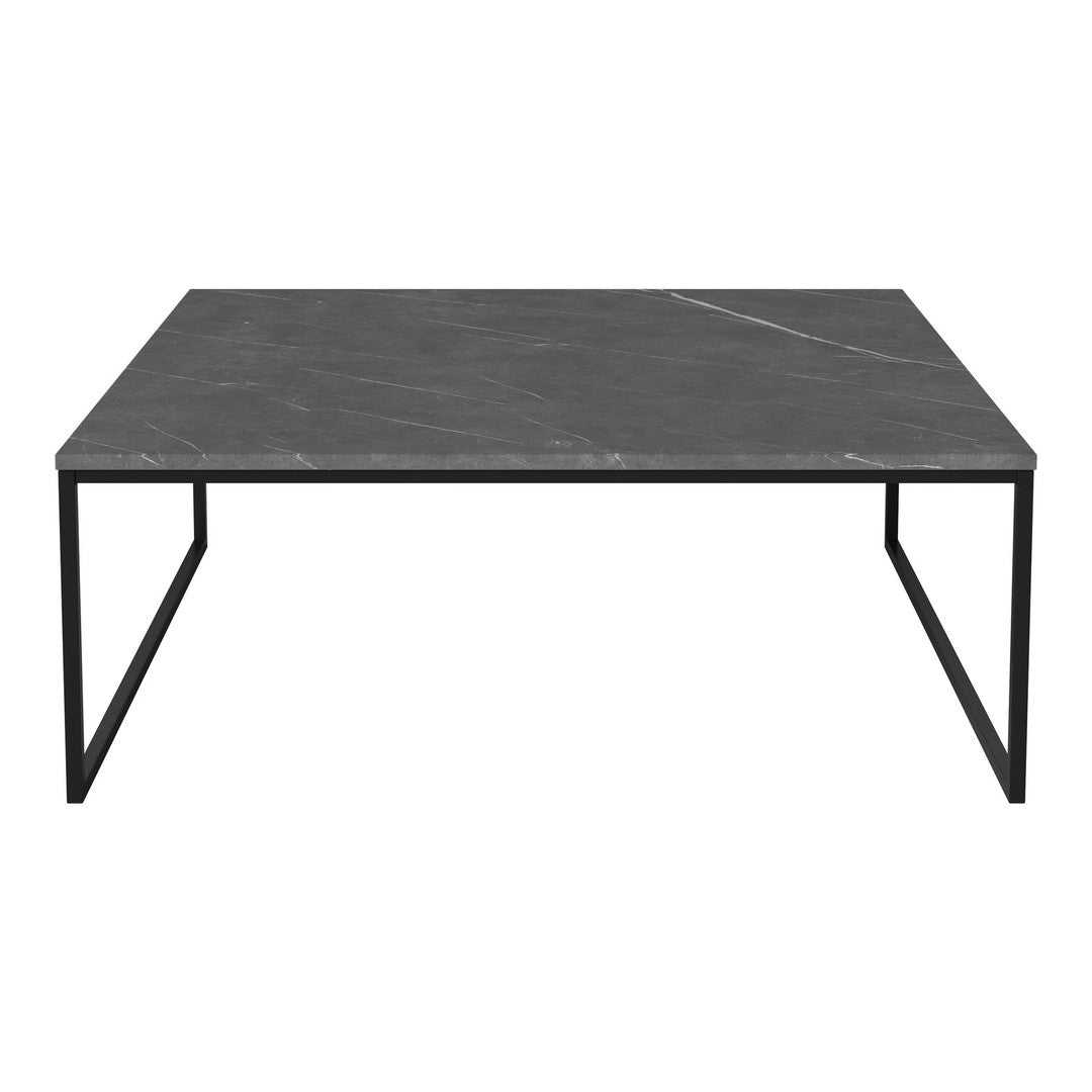 Black marble coffee table with subtle white veining and a sleek black metal frame.