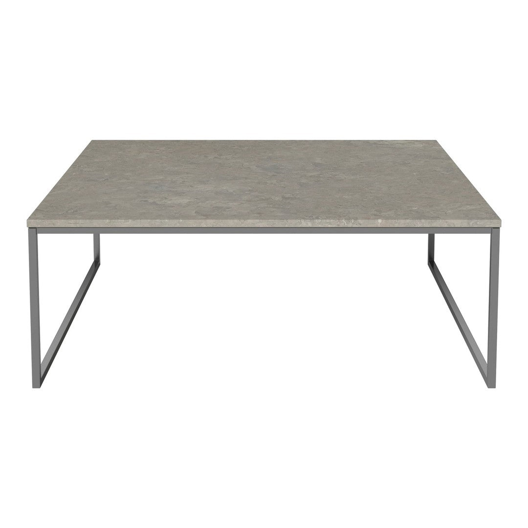Gray stone tabletop with subtle patterns on a minimalist silver metal frame. Perfect for modern decor.