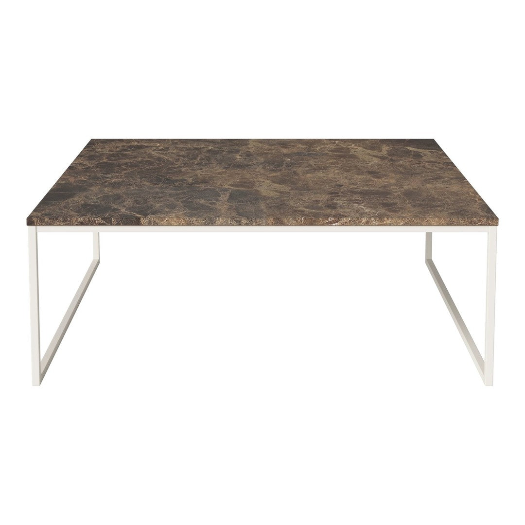 Brown and gray marbled tabletop with a sleek white metal frame, modern design perfect for any living space.