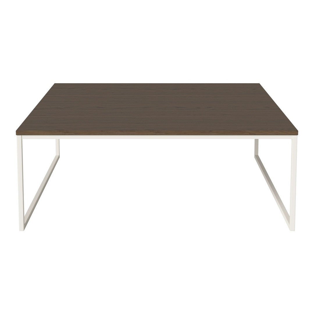 Brown wooden tabletop with a smooth finish, paired with a sleek white metal frame. Minimalist design.