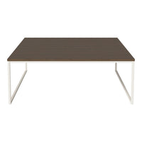 Brown wooden tabletop with a smooth finish, paired with a sleek white metal frame. Minimalist design.