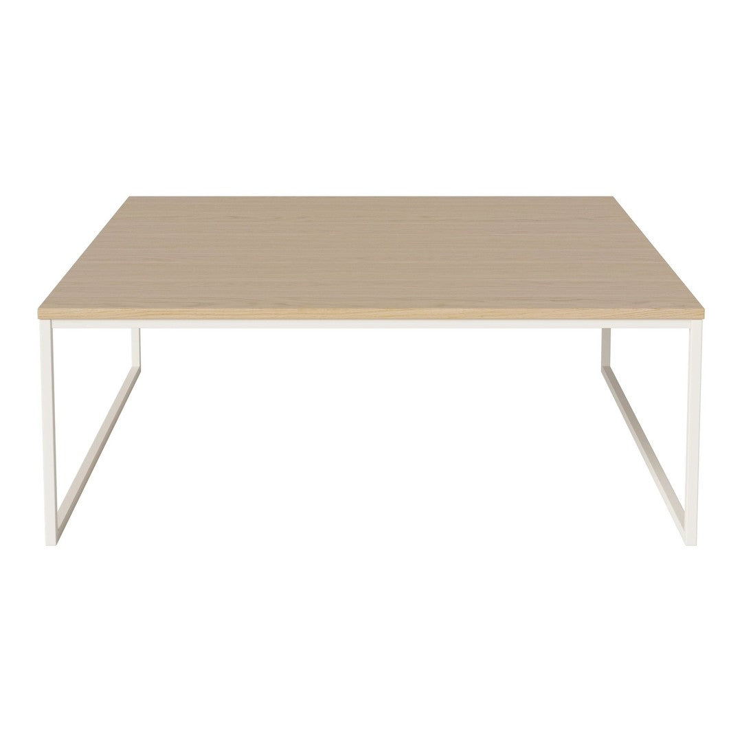 Light wood tabletop on white metal frame, featuring a sleek, modern design with clean lines.
