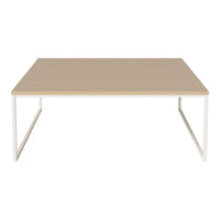 Light wood tabletop on white metal frame, featuring a sleek, modern design with clean lines.