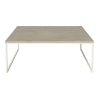 Rectangular coffee table with a smooth gray surface and minimalist white metal legs. Ideal for modern decor.