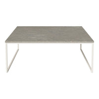 Gray marble tabletop with a sleek white metal frame, modern design, minimal patterns, perfect for contemporary spaces.