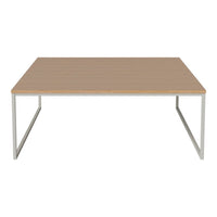 Light wooden tabletop with a smooth finish, featuring a minimalist silver metal frame.
