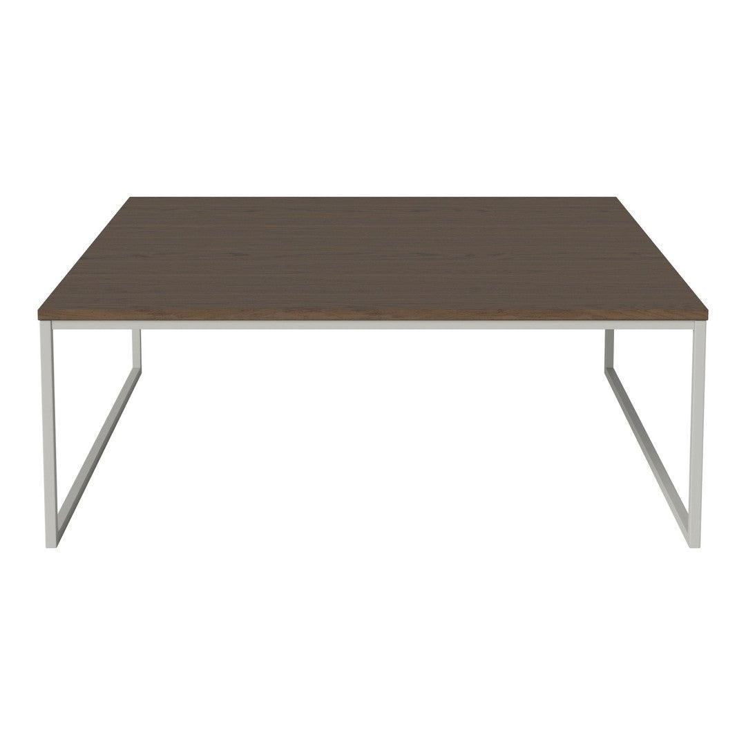 Dark brown wooden table with a sleek silver metal frame, featuring a modern, minimalist design.