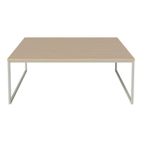Light wood tabletop with a smooth finish, featuring a simple beige color, supported by sleek silver metal legs.