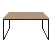Brown wooden tabletop with a smooth finish, supported by a sleek black metal frame.