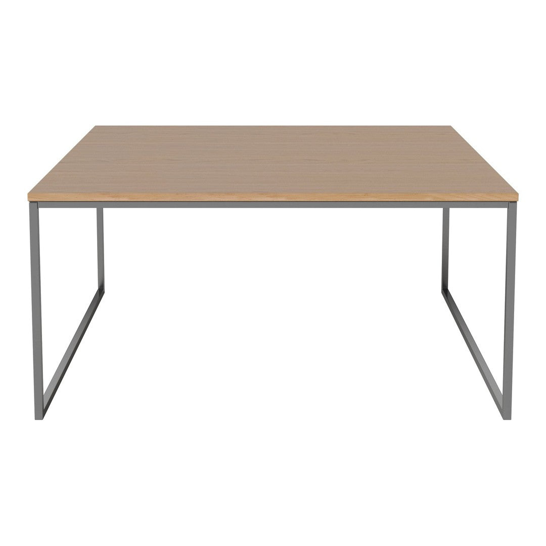 Modern rectangular table with a light wood top and sleek gray metal frame, featuring a minimalist design.