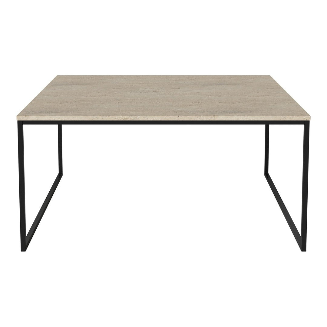 "Square table with a light wood grain top and black metal frame, showcasing a modern, minimalist design."