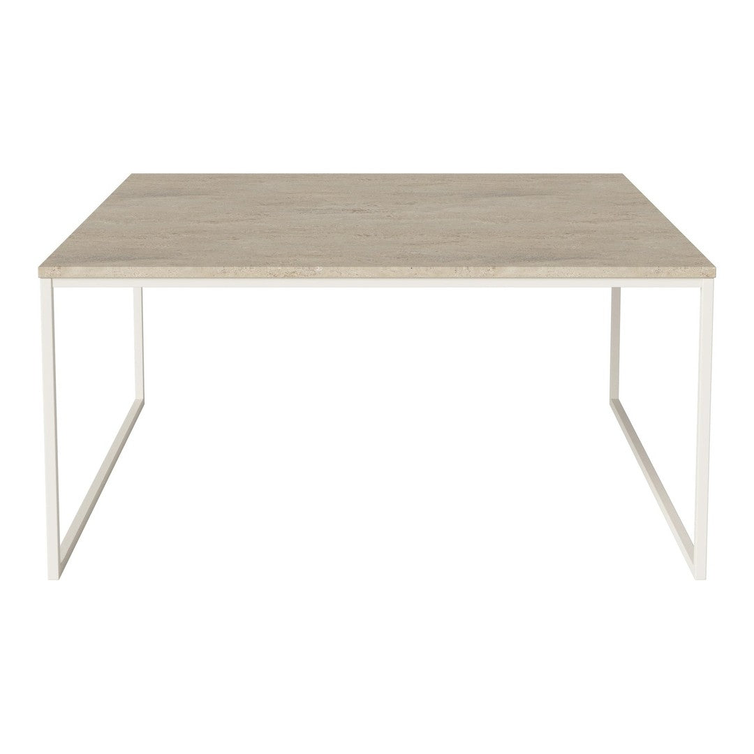 Rectangular table with a light wood grain top and a sleek white metal frame. Minimalist design, neutral colors.