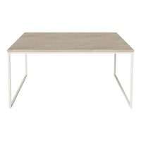 Rectangular table with a light wood grain top and a sleek white metal frame. Minimalist design, neutral colors.