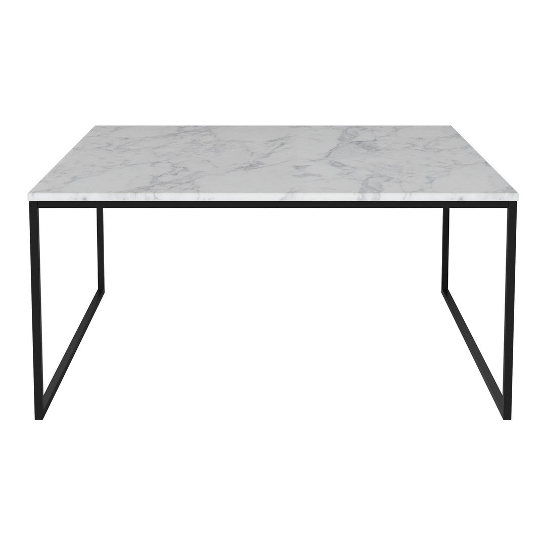 Marble tabletop with gray veining, set on a sleek black metal frame. Modern and elegant design for any space.