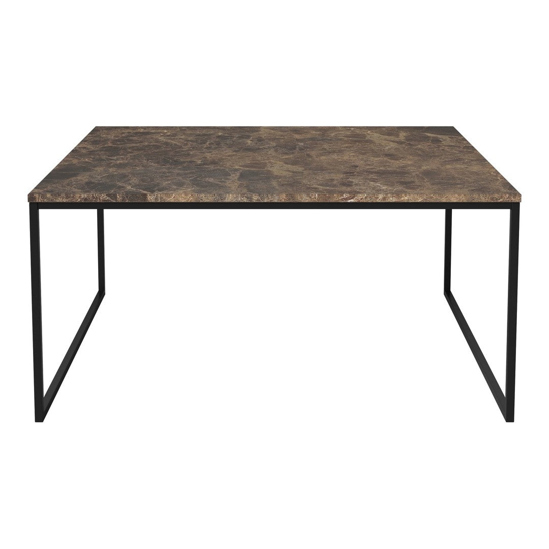 Brown and black marble-patterned tabletop with a sleek black metal frame for a modern, stylish look.