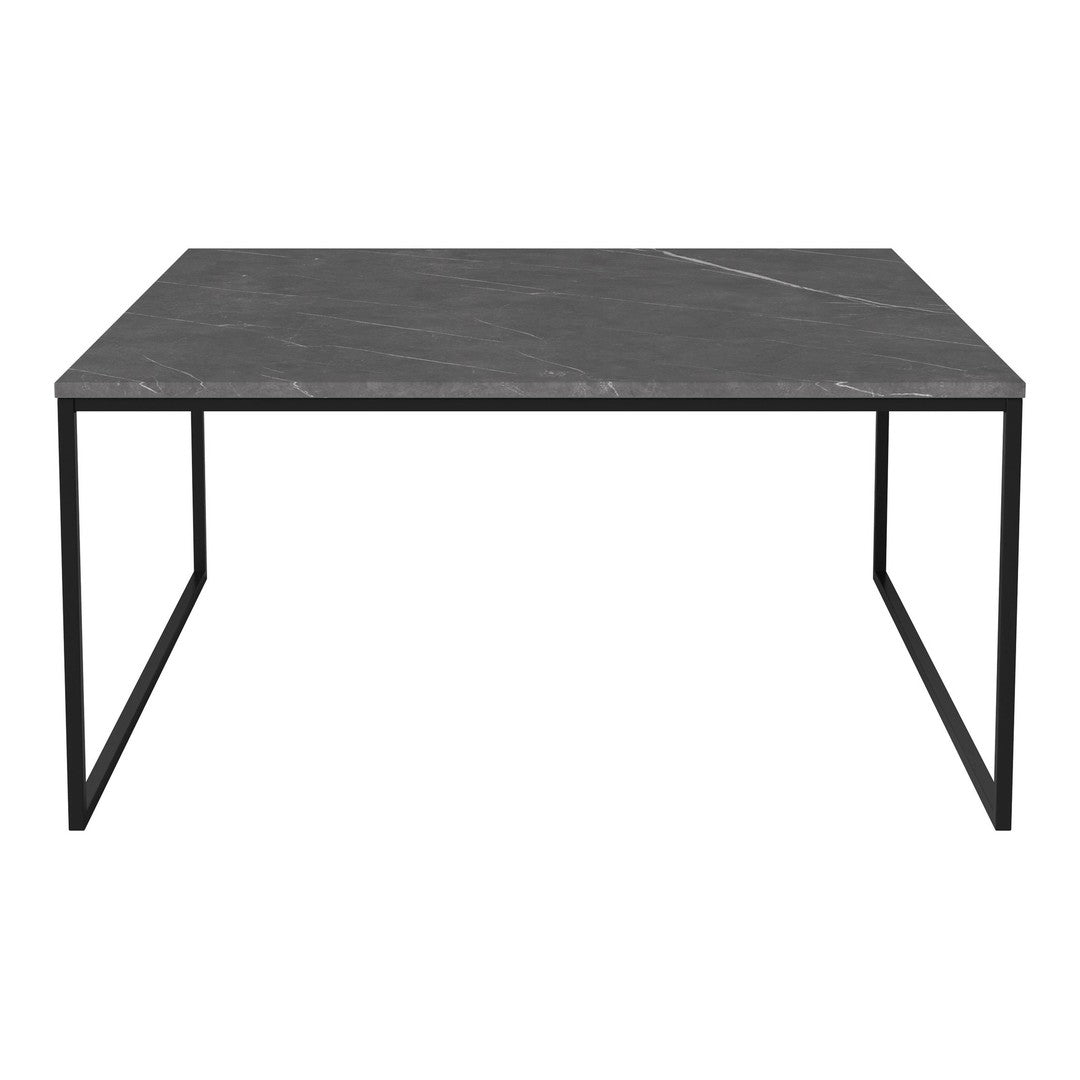 Black marble tabletop with subtle grey veining and sleek black metal legs, perfect for modern decor.