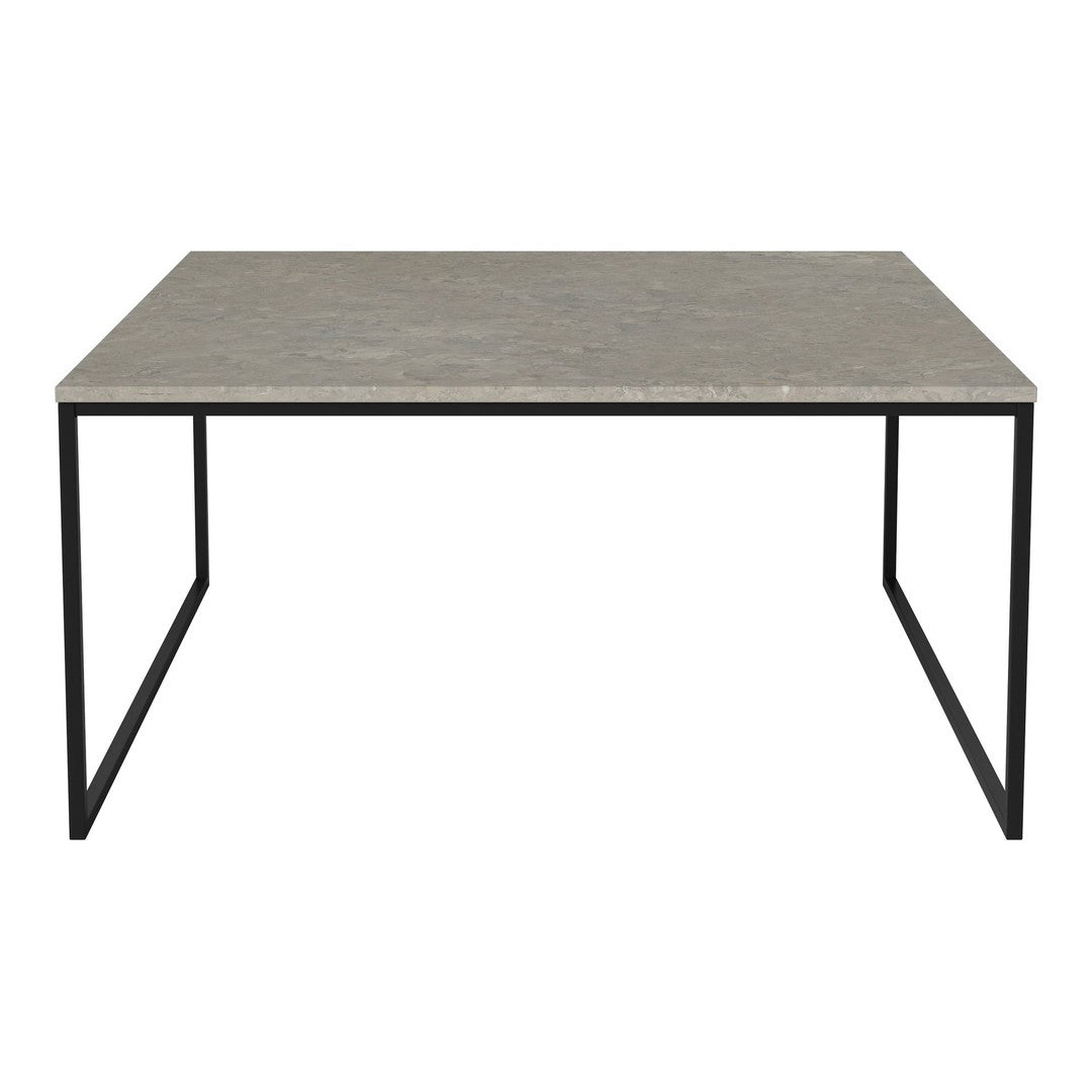 Gray concrete tabletop with a smooth finish, complemented by a sleek black metal frame, creating a modern aesthetic.
