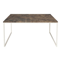 Stylish brown marble top dining table with a minimalist white metal frame. Modern design for any decor.