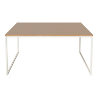Light wooden rectangular tabletop with a smooth finish, complemented by a sleek white metal frame.