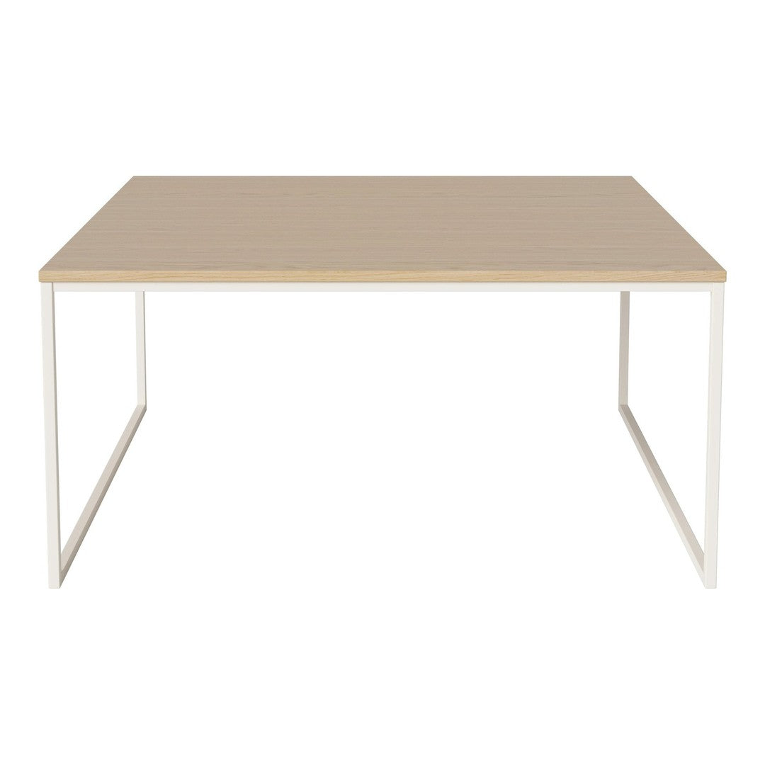 Light wood tabletop with a smooth finish and white metal legs, creating a modern, minimalist look.
