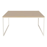 Light wood tabletop with a smooth finish and white metal legs, creating a modern, minimalist look.