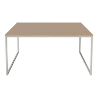 Light wood tabletop with a smooth finish, supported by a sleek silver metal frame, creating a modern look.