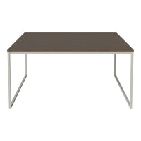Brown wooden tabletop with a sleek silver metal frame, perfect for modern minimalist decor.
