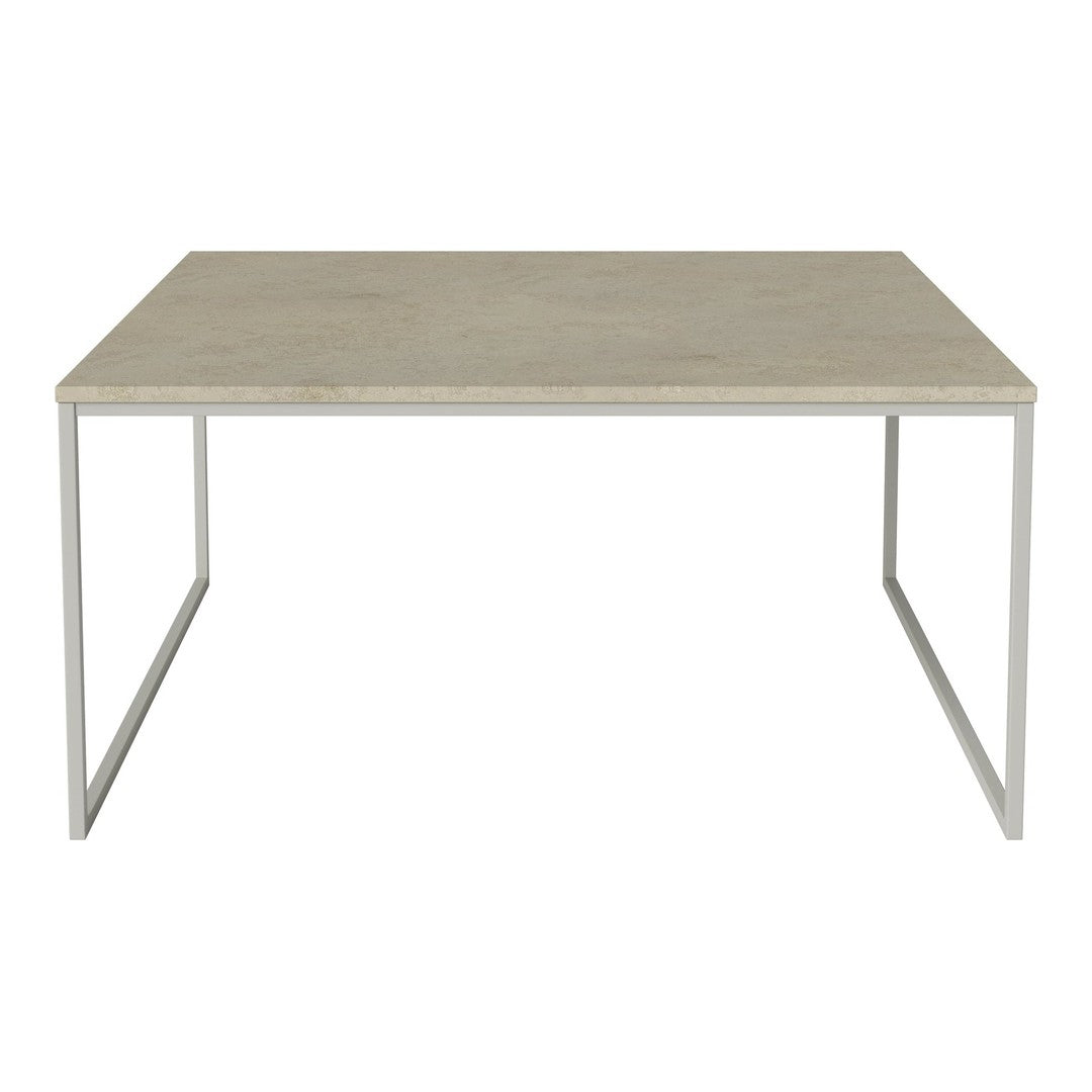 Light gray square table with a smooth surface and minimalistic silver metal frame, perfect for modern decor.
