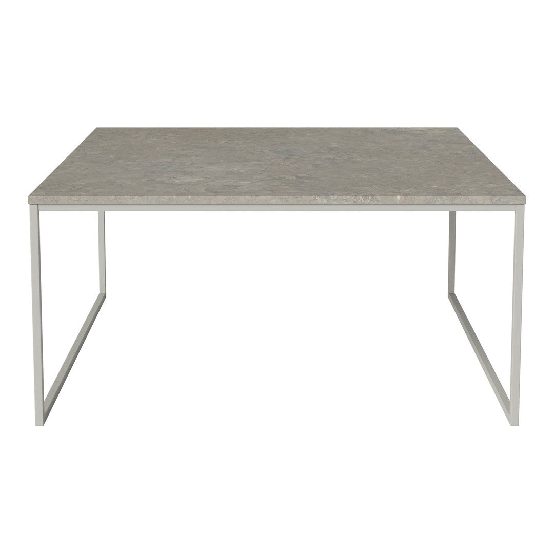 Gray concrete tabletop with subtle marble texture, set on a minimalist white metal frame. Perfect for modern decor.