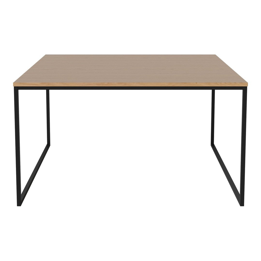 Modern square table with a light wood top and a sleek black metal frame. Ideal for contemporary spaces.