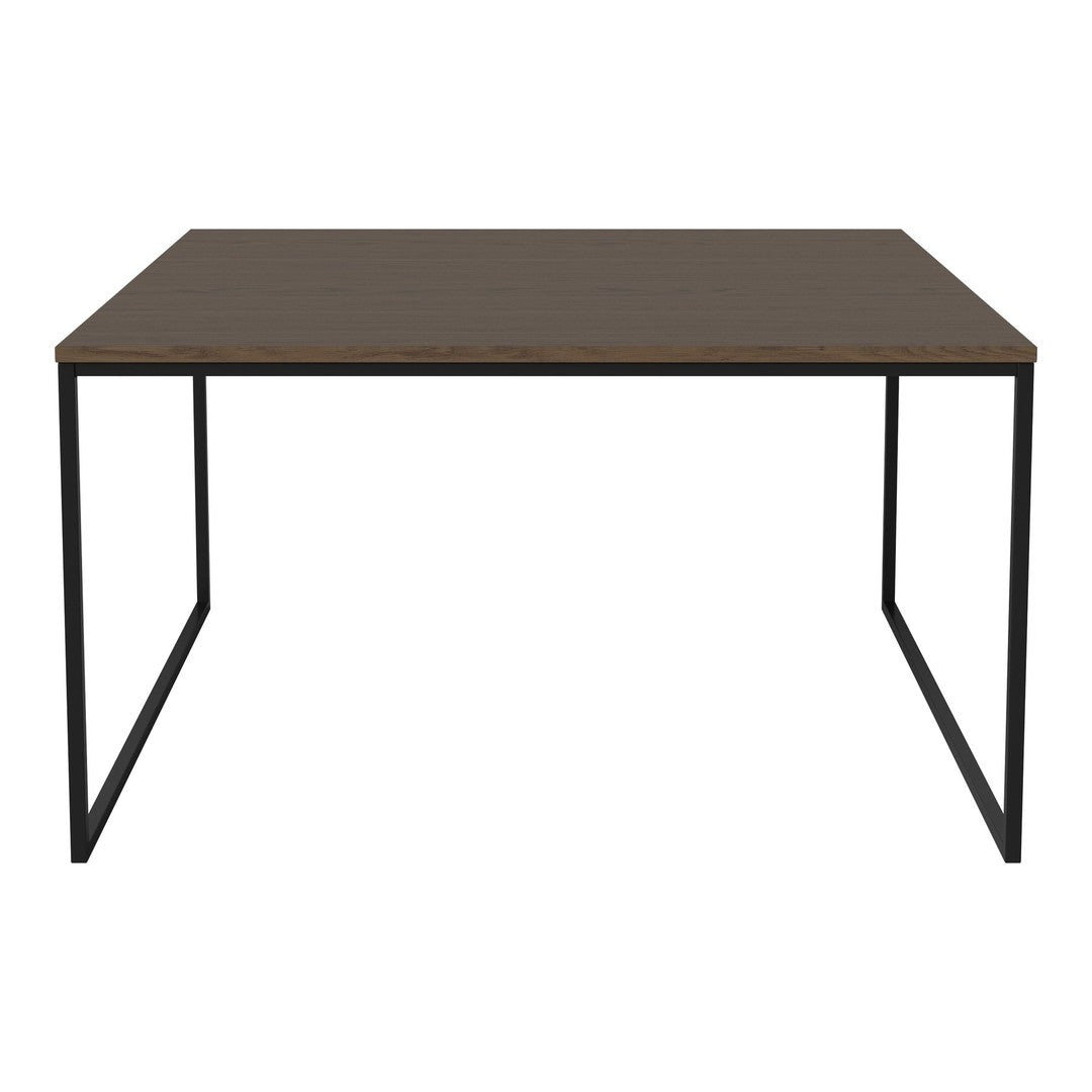 Dark brown tabletop with a sleek black metal frame, featuring a minimalist design. Perfect for modern interiors.