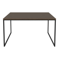 Dark brown tabletop with a sleek black metal frame, featuring a minimalist design. Perfect for modern interiors.