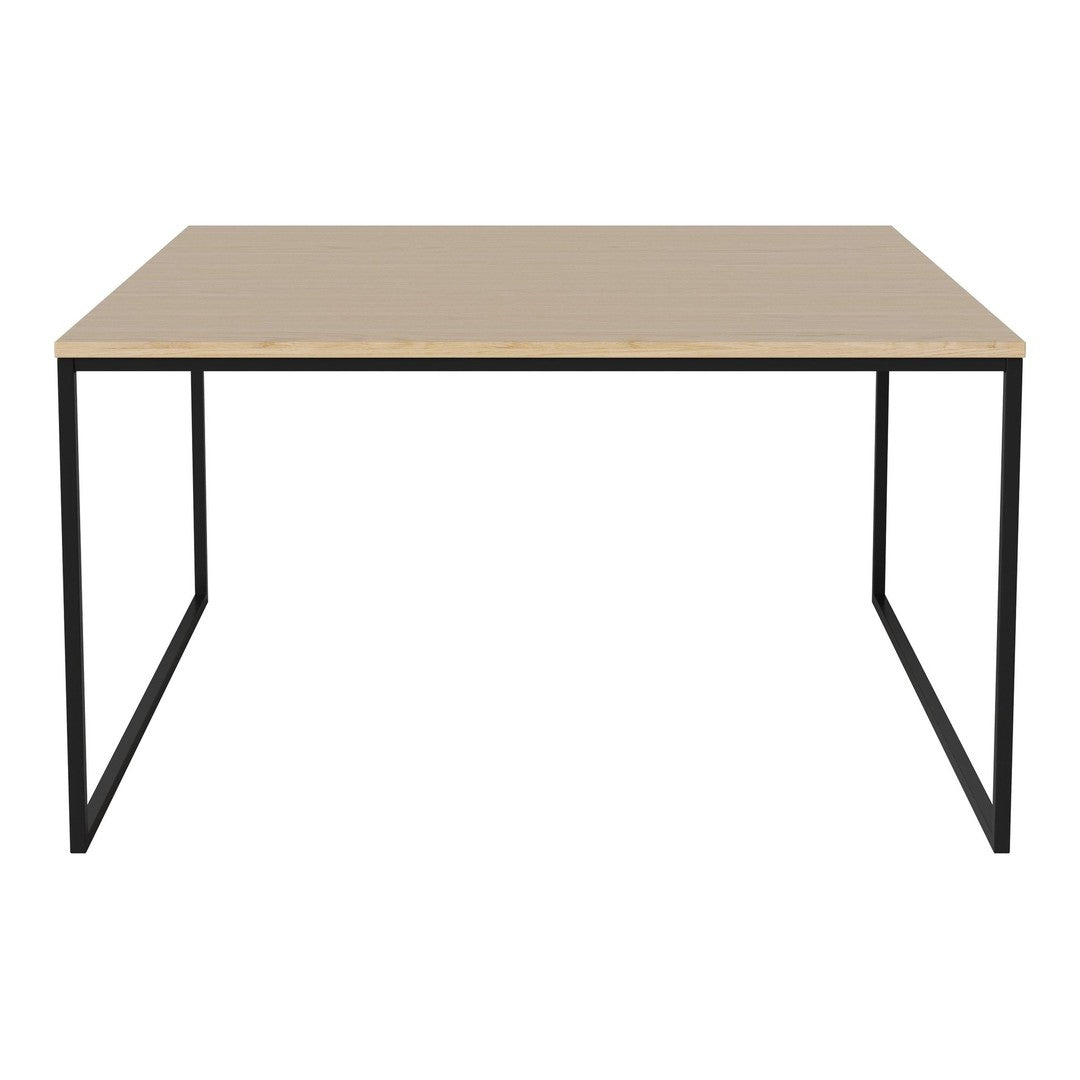 Minimalist square table with a light beige top and sleek black metal legs. Ideal for modern decor.