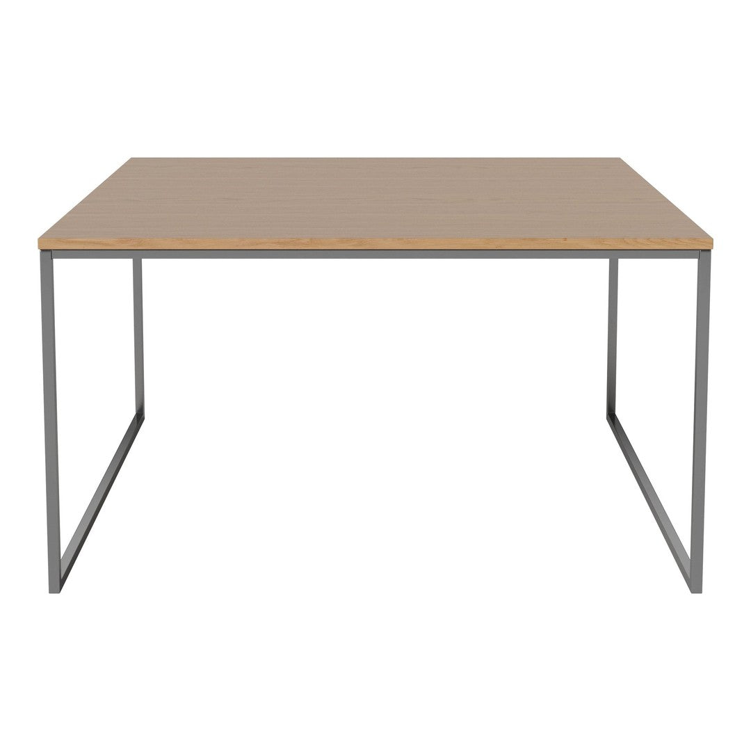 Modern rectangular table with a light wood top and sleek metal gray legs, minimalistic design, no patterns.