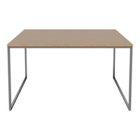 Modern rectangular table with a light wood top and sleek metal gray legs, minimalistic design, no patterns.