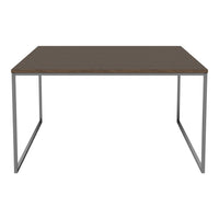 Brown rectangular table with a smooth wood finish and sleek silver metal legs. Ideal for modern interiors.
