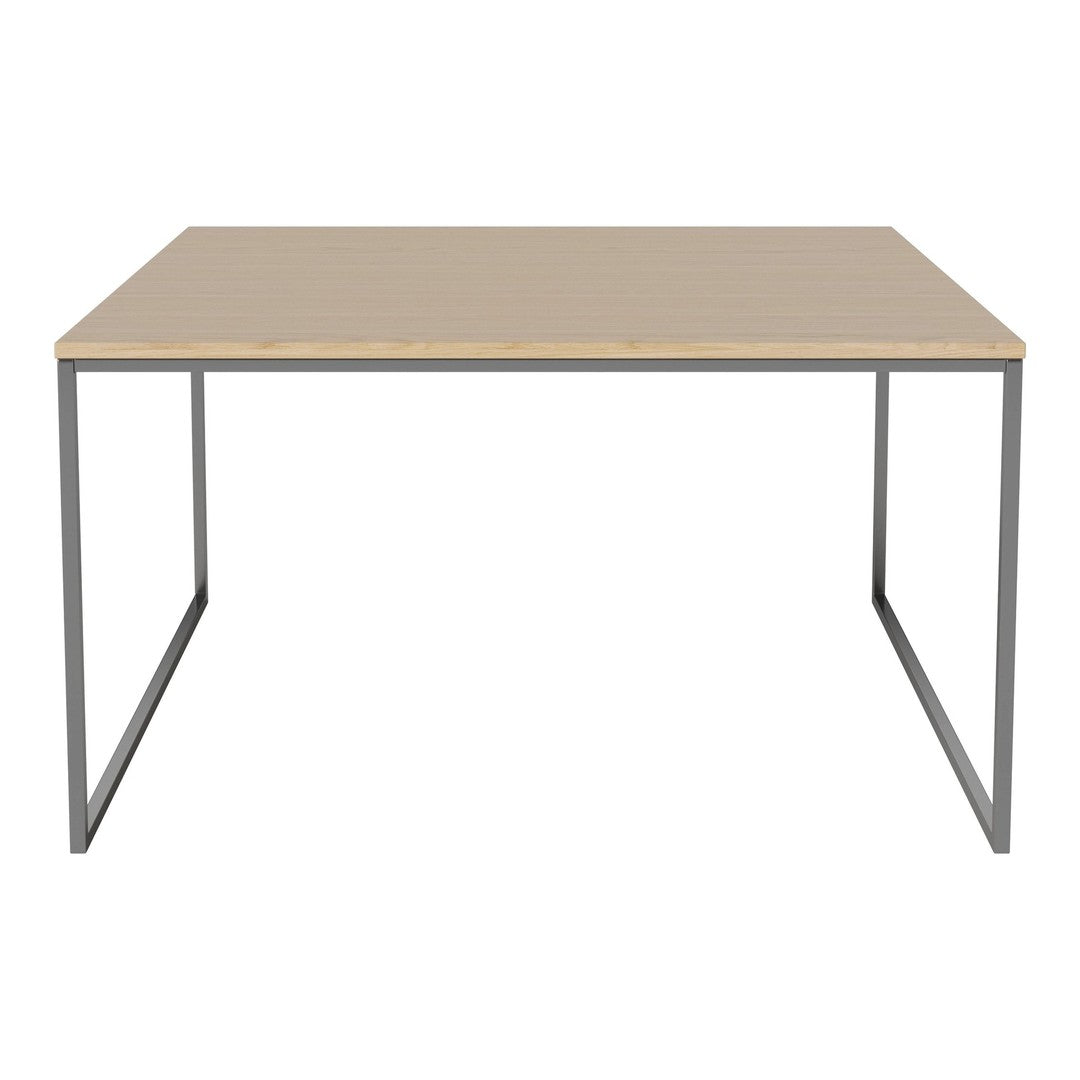 Modern rectangular table with a light wood top and minimalist gray metal frame. Perfect for contemporary spaces.