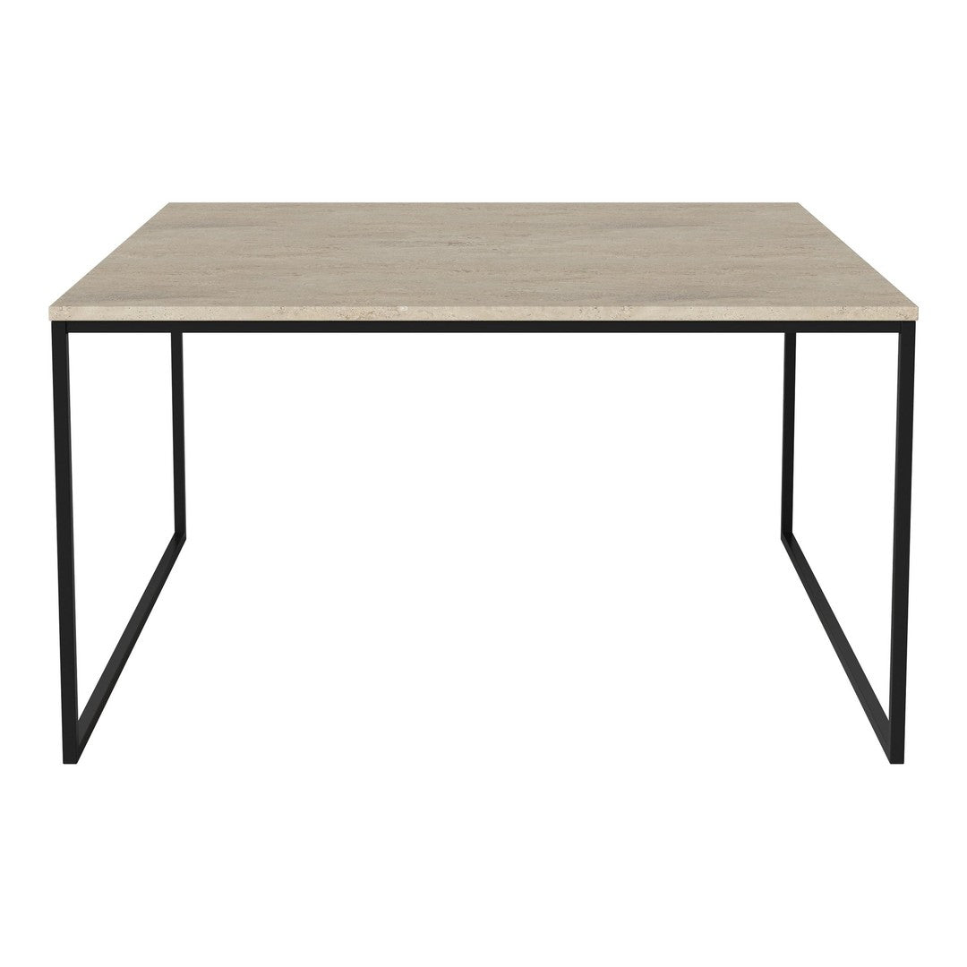 Light gray tabletop with a smooth finish, complemented by a sleek black metal frame. Minimalist design.