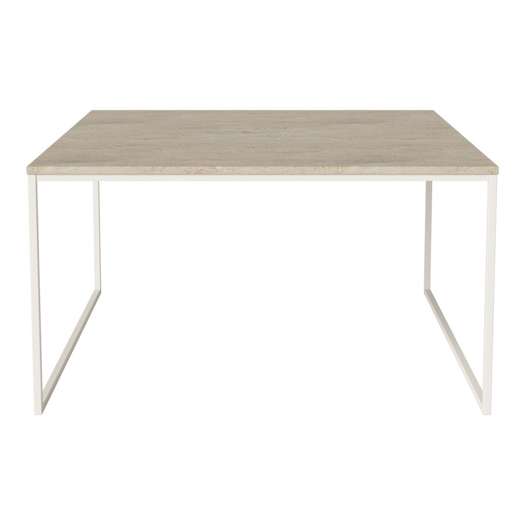 "Contemporary square table with a light wood top and sleek white metal legs, perfect for modern interiors."