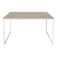 "Contemporary square table with a light wood top and sleek white metal legs, perfect for modern interiors."