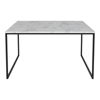 Modern marble tabletop with grey veining on a sleek black metal frame. Contemporary design for any space.