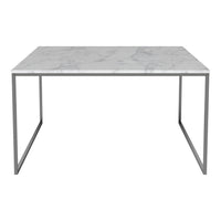 White marble tabletop with gray veining, supported by a sleek silver metal frame. Modern, minimalist design.