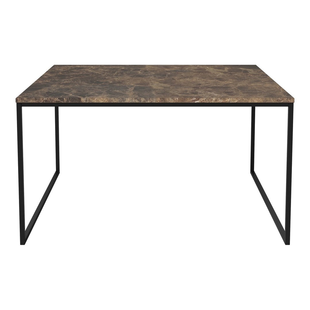 Brown marble-patterned tabletop with a sleek black metal frame, perfect for modern decor.