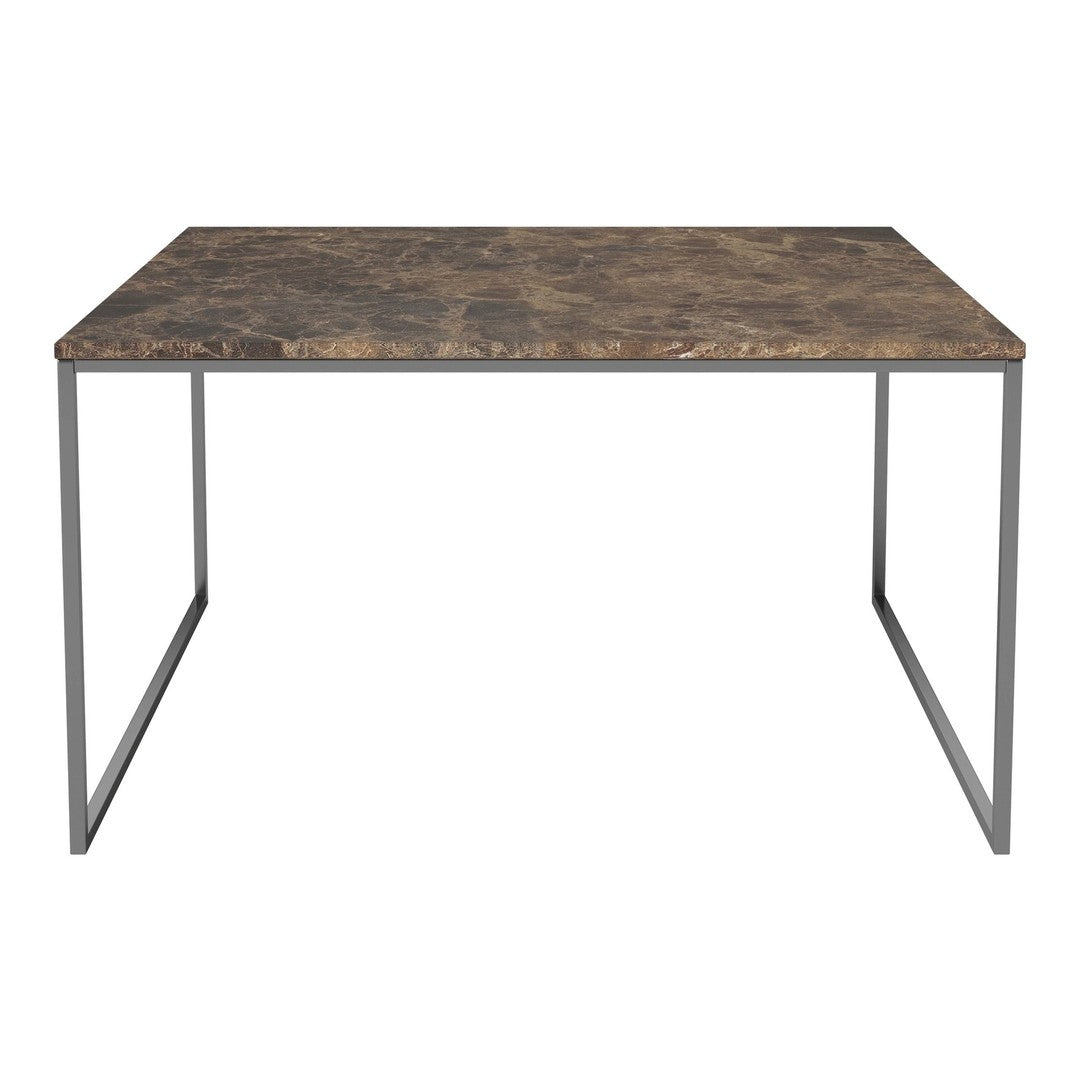 Brown marbled tabletop with sleek gray metal legs, offering a modern and stylish design for any space.