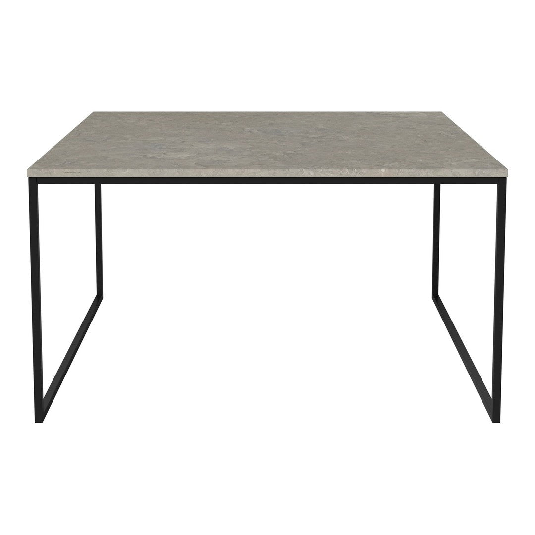 Gray stone tabletop with a smooth finish, complemented by a sleek black metal frame.